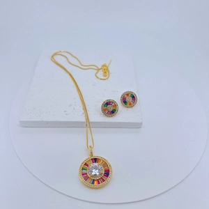 Vintage Colorful Rhinestone Round Pendant Necklace And Stud Earrings Jewelry Set For Women Copper Electroplated Accessories
