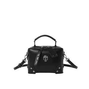 Black leather punk crossbody bag with silver skull ornament and metal rivet details