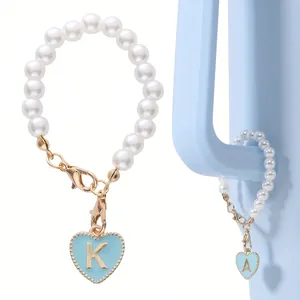 Heart Letter Pendant Keychain Faux Artificial Pearl Chain Light Blue Enamel Charm For Bags Cup Fashion Jewelry Accessories