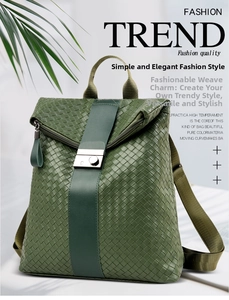Detail of olive green woven leather backpack with silver buckle and smooth strap accent
