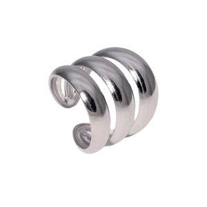 Minimalist wide silver stainless steel open ring with triple-layered curved design