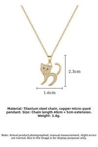 Close-up of pavé crystal cat pendant with detailed dimensions and chain length