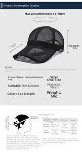 Detailed size chart for breathable mesh baseball cap with measurements and head circumference