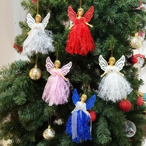 Christmas Angel Hanging Ornament Plastic Mesh Lace Glitter Wings Tree Decoration Holiday Party Decor