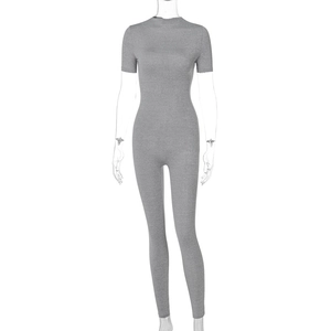 Detail view of grey short sleeve jumpsuit with front zipper and athletic slim fit style