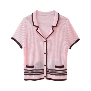 Pink short sleeve knitted polo cardigan with hollow texture and contrast trim