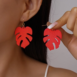 Vibrant red leaf drop earrings in wood finish, boho style dangles for women fashion