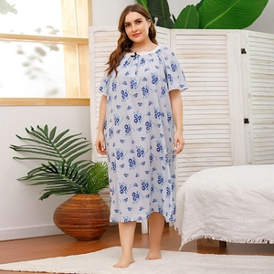 Plus size light blue floral sleepwear dress with lace neckline and short sleeves