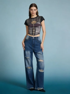 Women High Waisted Distressed Jeans Ripped Hole Washed Cotton Denim Wide Leg Straight Pants Casual Streetwear