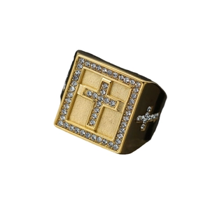 Gold square signet ring for men featuring a cross and sparkling cubic zirconia stones