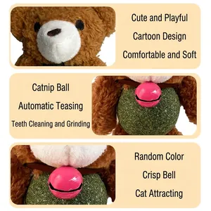 Catnip ball plush bear toy with pink bell for kitten dental grinding and interactive play
