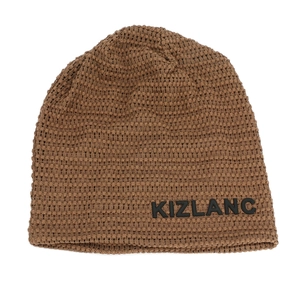 Detail of dark brown mesh knit beanie showing breathable texture and KIZLANC logo tag