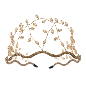 Handmade woven gold bridal headband with amber crystal beads in a delicate branch design