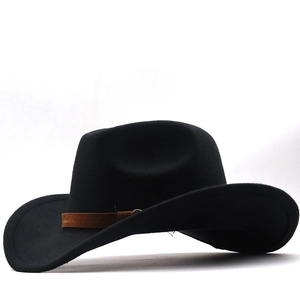 Classic black wool western cowboy hat with brown leather band and wide curved brim
