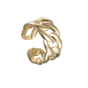 Detailed close-up of a gold-plated chunky curb chain ring with adjustable open band design