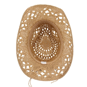 Detail of hand-woven hollow pattern and internal sweatband on this straw cowboy hat