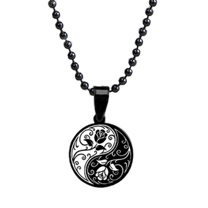 Retro Tai Chi tree of life rose pendant on black bead chain stainless steel necklace