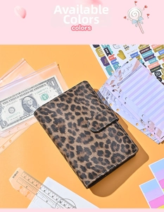 Detailed view of A6 leopard print binder with cash envelopes and budget sheet accessories