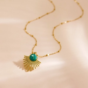 Vintage French feather sunburst pendant necklace with green gemstone in 14K gold finish