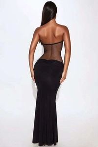 Detail of the sheer mesh patchwork on the back of this sexy black bodycon evening gown