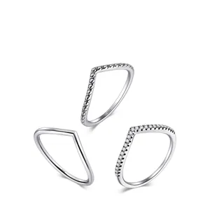 V Shape Wishbone Ring S925 Sterling Silver Zircon Geometric Minimalist Beaded Stackable Jewelry For Women
