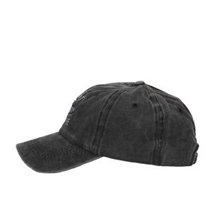 Classic washed black cotton baseball cap with white side embroidery in a profile view