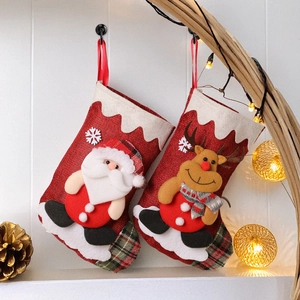 Lot de 2 chaussettes de Noël en toile de jute avec Père Noël et renne en relief 3D