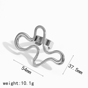 Macro shot of silver irregular geometric wave earring with 54mm x 37.5mm dimensions