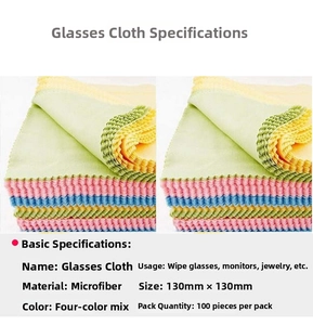 Stack of 130x130mm microfibre cleaning cloths in four colors for glasses and screens
