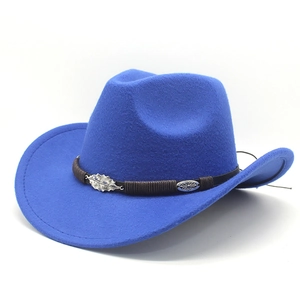Blue felt western cowboy hat with wide brim, brown braided band and silver metal leaves