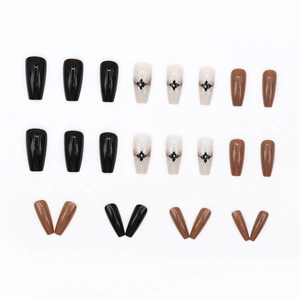 Vintage amber style coffin press-on nails with black rhombus pattern and matte brown finish