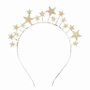 Elegant gold headband featuring sparkling rhinestone star charms on a slim metal crown frame