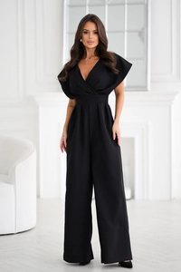 Detail of elegant black wide-leg jumpsuit with V-neckline and ruffled short sleeves