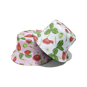 Women's sun protection bucket hats with cute strawberry patterns in pink and white colors