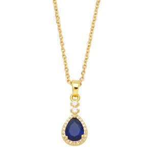 Elegant gold chain necklace with pear-cut blue gemstone pendant and diamond halo