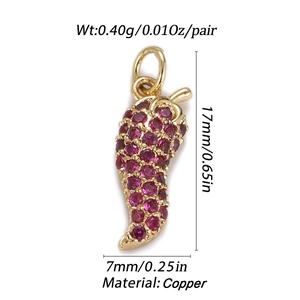 Detail showing chili pepper pendant dimensions of 17mm by 7mm in 18K gold-plated copper