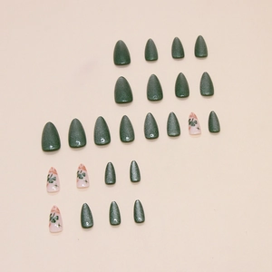 Cat eye press-on nails set with almond shape green clover and star patterns