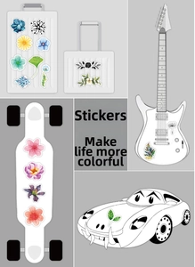 Waterproof sunflower and green plant stickers shown decorating a suitcase and skateboard
