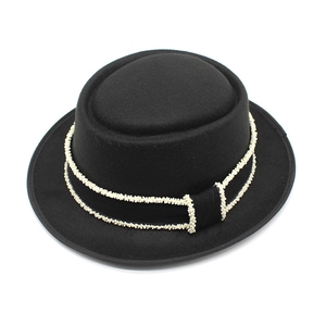 Retro Pork Pie Hat Wool Felt Fedora With Artificial Pearl Beaded Ribbon Trim Elegant Short Brim Jazz Cap For Men Women