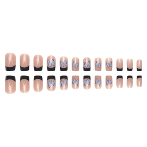 Unghie finte quadrate con farfalla blu e punte French nere, set da 24 pezzi completi
