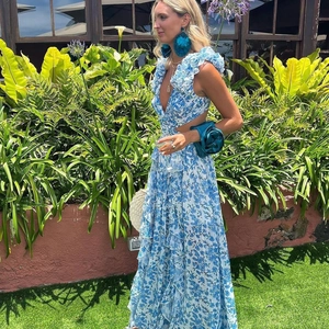 Elegant floral maxi dress with ruffle detailing and backless cutout for women
