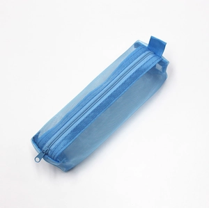 Detail of blue mesh pencil case with zip closure and portable woven handle strap