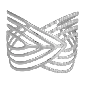Irregular wide stainless steel bangle with multi-layer silver design and bead accents