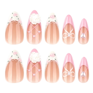 Pink and white press-on nails with 3D floral patterns, pearls, and bows on almond shape
