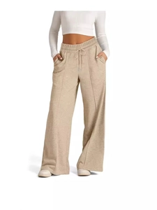 Beige wide-leg casual pants with drawstring waist and cotton texture for women