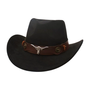 Classic black cowboy hat with brown leather band and silver bull head metal ornament