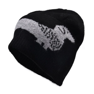 Black knit beanie featuring a grey dachshund pattern with thick texture for winter warmth