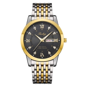Minimalist quartz men's watch with two-tone steel strap and crystal index dial