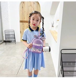 Detail of purple rabbit-ear backpack for girls with laser finish and sequin pocket