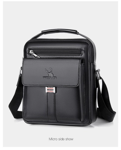 Micro side view showing the lychee texture leather and adjustable strap of the men bag